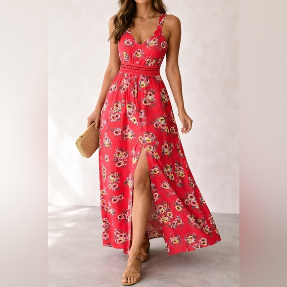 I.N. San Francisco Dresses & Skirts - I.N. San Francisco Red Floral Maxi Dress Medium Boho Crochet Waist Slit